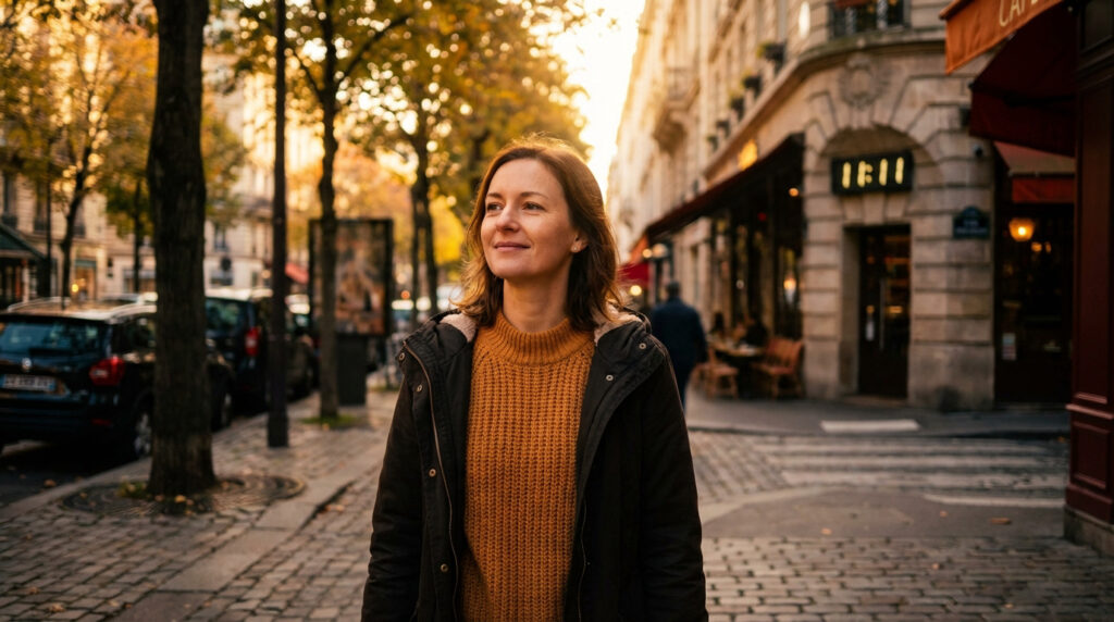 Femme souriante avec un pull orange et une veste sur une rue pavée en ville au coucher du soleil. Un panneau 11h11 est visible.