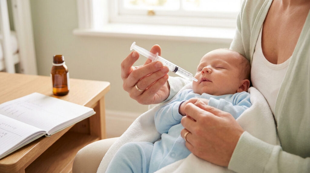 Une femme donne un médicament avec une seringue orale à un bébé endormi, tenant le bébé dans ses bras. Un flacon et carnet sur la table.
