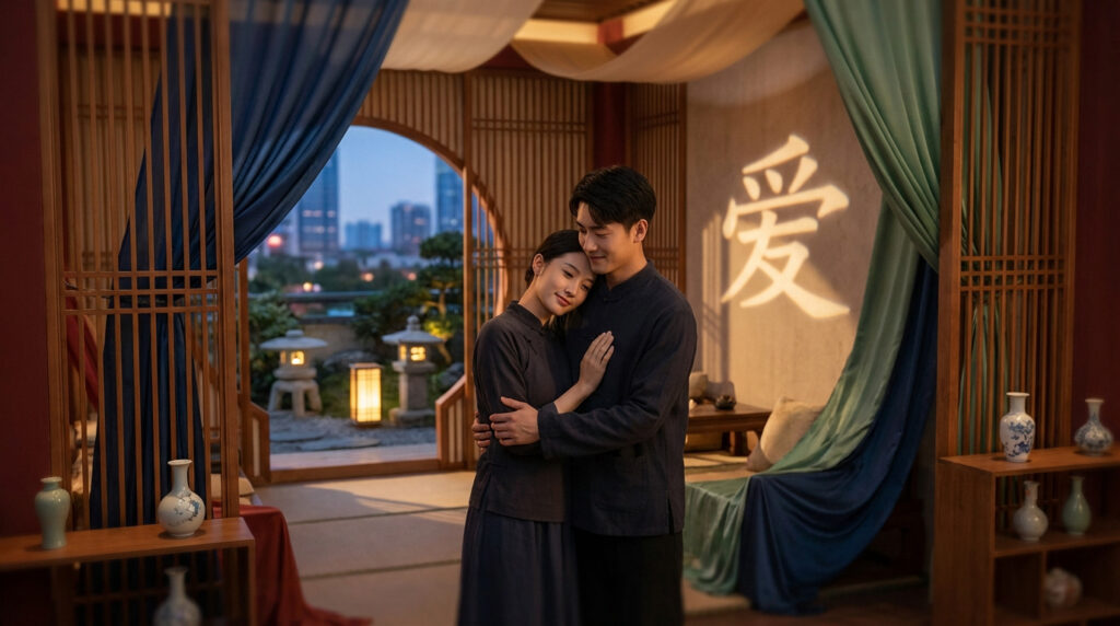 Jeune couple chinois s'étreignant tendrement dans un intérieur traditionnel. Le caractère "amour" est projeté sur le mur.