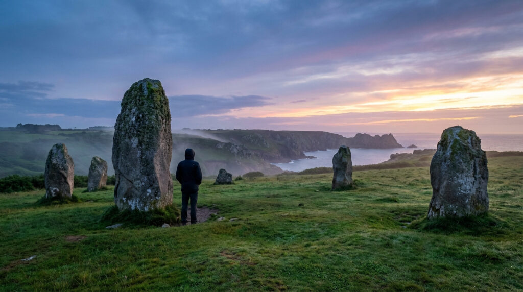 Personne observant des menhirs sur une côte brumeuse au lever du soleil, ciel aux teintes roses et oranges.