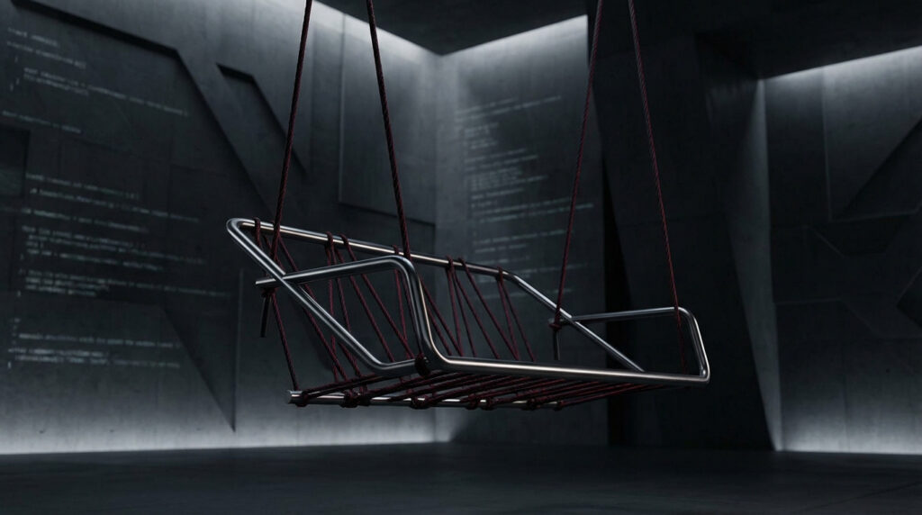 Balançoire minimaliste en métal et cordes rouges suspendue dans une pièce sombre, avec des murs texturés et du code flou.