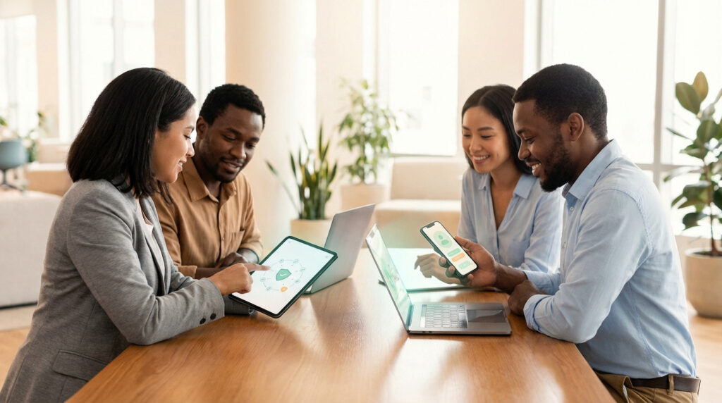Quatre personnes diverses collaborent sur des appareils numériques, discutant de sécurité en ligne et de partage protégé.