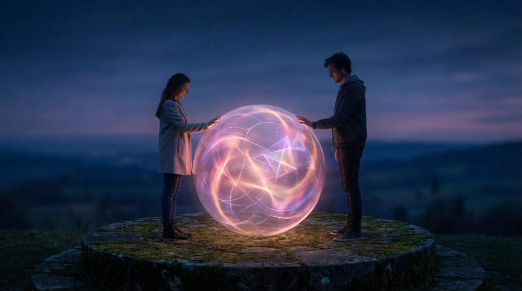 Homme et femme touchant une sphère lumineuse aux couleurs vives. Scène de crépuscule symbolisant connexion et compatibilité.
