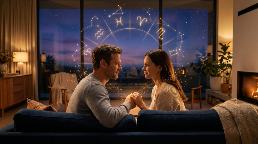 Un couple se tient la main, leurs regards se croisent, sur fond de signes astrologiques et de données numériques. Contexte de compatibilité amoureuse.