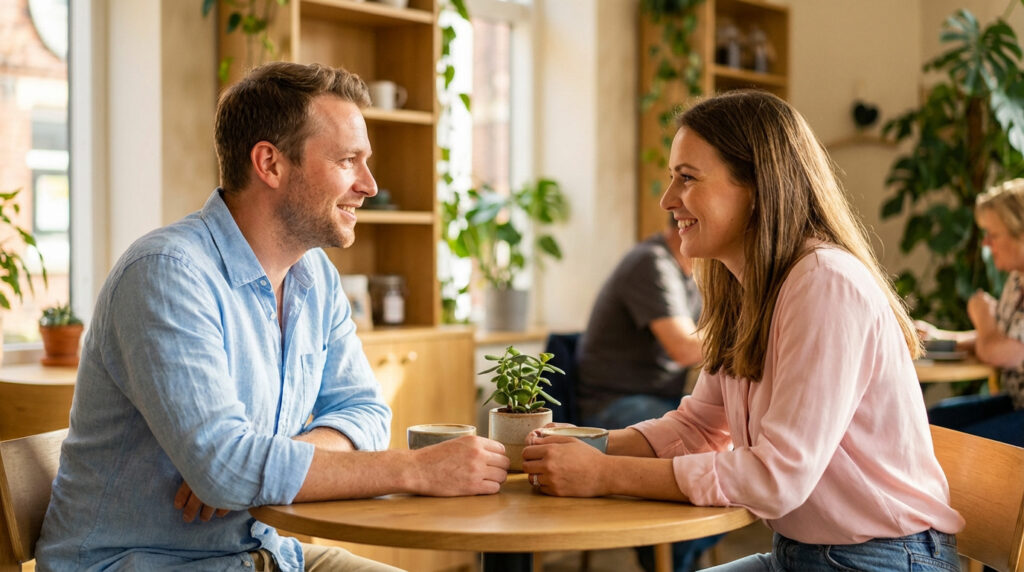 Un homme et une femme souriants se regardent en discutant à une table de café, tasses et plante entre eux.