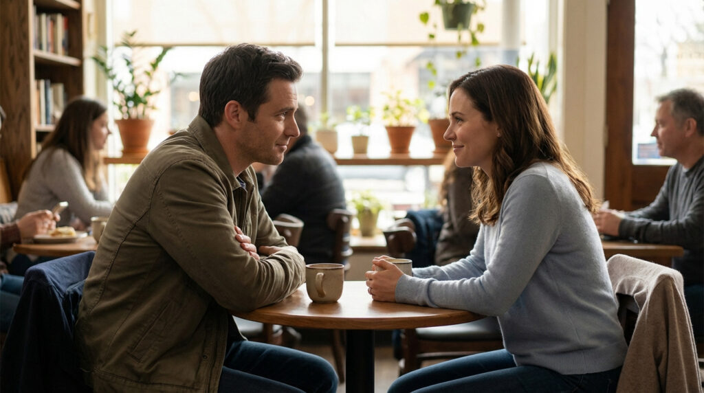 Un homme et une femme sourient en se regardant à une table de café, tasses devant eux. Ambiance chaleureuse.