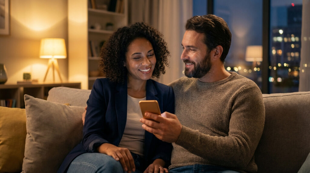 Couple souriant sur un canapé, l'homme tient un smartphone qu'ils regardent ensemble, la pièce est éclairée par une lampe de chevet.