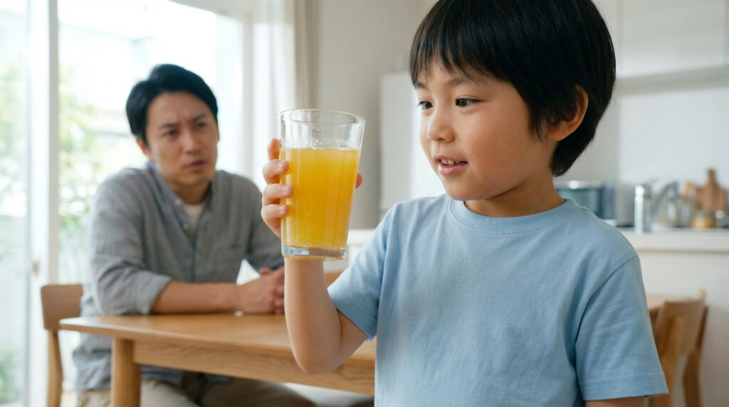 Un jeune garçon asiatique tient un verre de boisson pétillante orange, souriant. Un homme flou en arrière-plan le regarde avec inquiétude.
