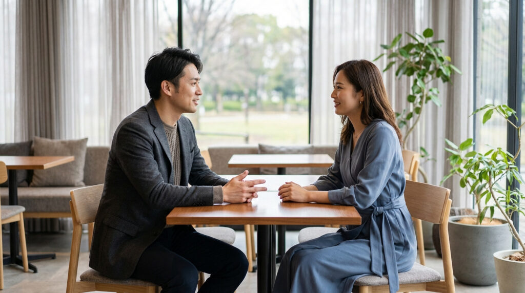 Un homme et une femme asiatiques souriants se parlent à une table dans un café lumineux. Fenêtres et plantes en arrière-plan.
