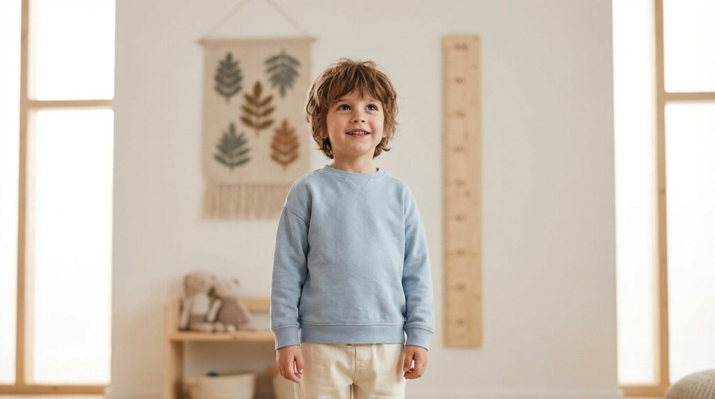 Jeune garçon souriant aux cheveux bouclés, vêtu d'un sweat bleu, devant une règle de taille en bois et une tapisserie murale.