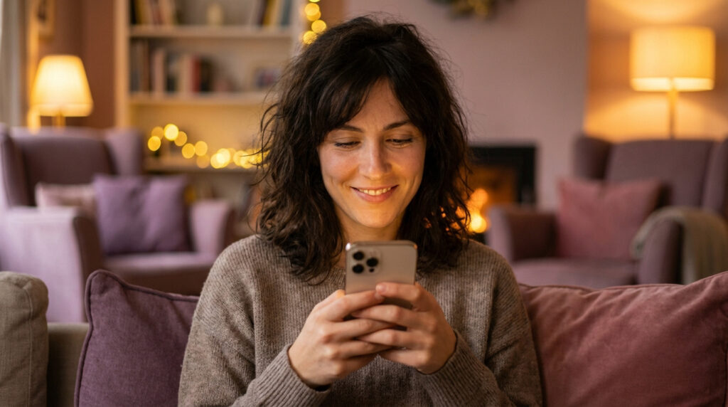Une femme aux cheveux bruns sourit tendrement en lisant son smartphone, assise sur un canapé douillet. Ambiance chaleureuse avec cheminée et lumières bokeh.