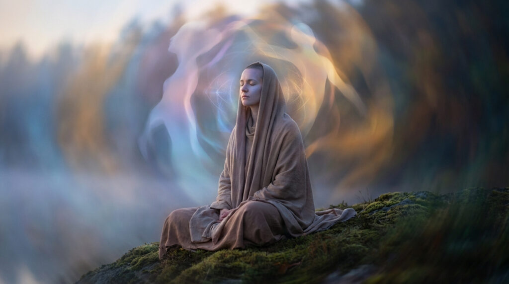 Personne en méditation sur une colline moussue, aura colorée et silhouettes éthérées autour, symbolisant les rêves.