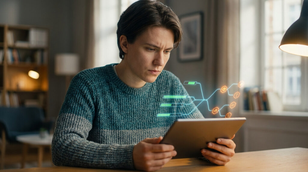 Jeune homme concentré sur une tablette, interagissant avec une interface holographique de progression de tâches et d'icônes connectées.