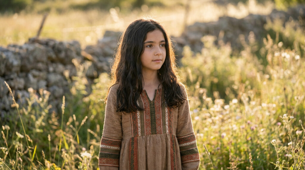 Jeune fille aux longs cheveux foncés dans une robe brodée, évoquant la culture gitane, dans un champ ensoleillé.