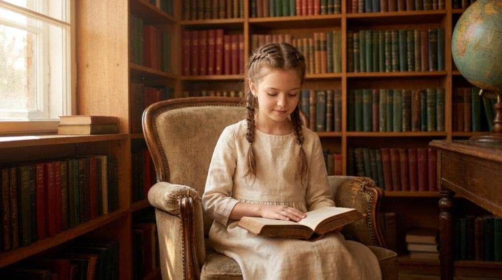 Jeune fille en robe claire et tresses lisant un livre ancien dans un fauteuil. En arrière-plan, bibliothèque en bois et fenêtre.