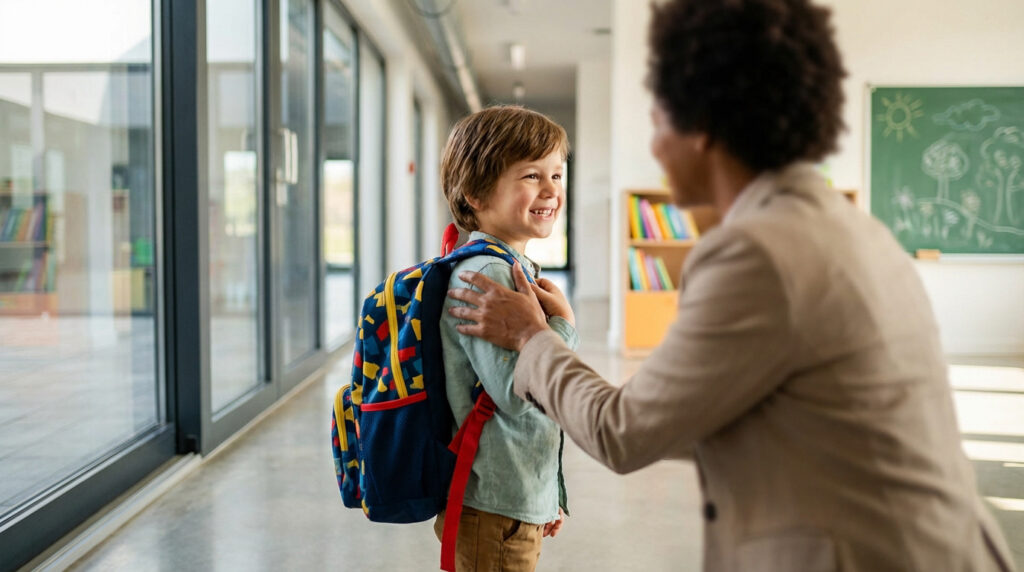 Jeune garçon souriant avec un sac à dos, encouragé par un adulte dans un couloir d'école, prêt pour la rentrée.