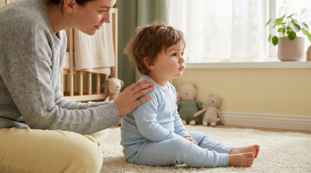 Mère attentive pose la main sur l'épaule de son jeune enfant pensif, assis sur le tapis d'une chambre d'enfant lumineuse.