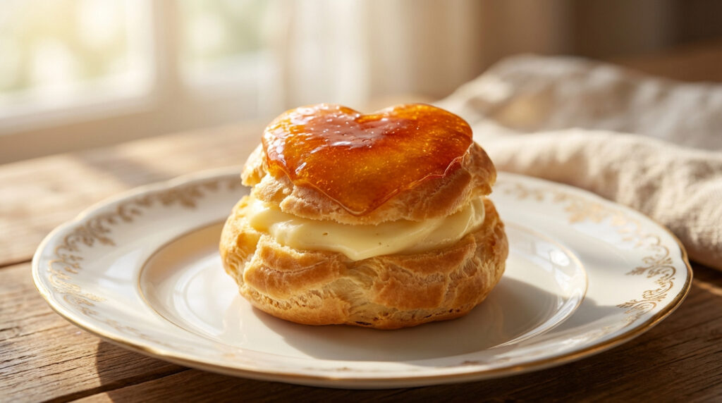 Pâtisserie Puits d'amour sur assiette. Pâte à choux garnie de crème, surmontée d'un cœur de caramel doré, sur table en bois.