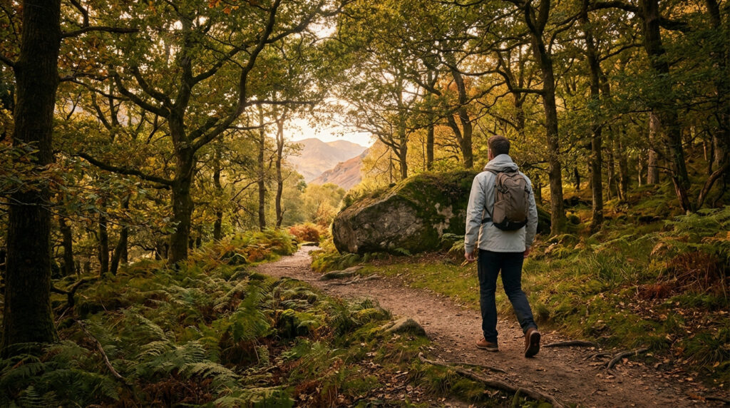 Un randonneur avec sac à dos marche sur un sentier en terre battue traversant une forêt dense de fougères, vers des montagnes éclairées par le soleil levant.