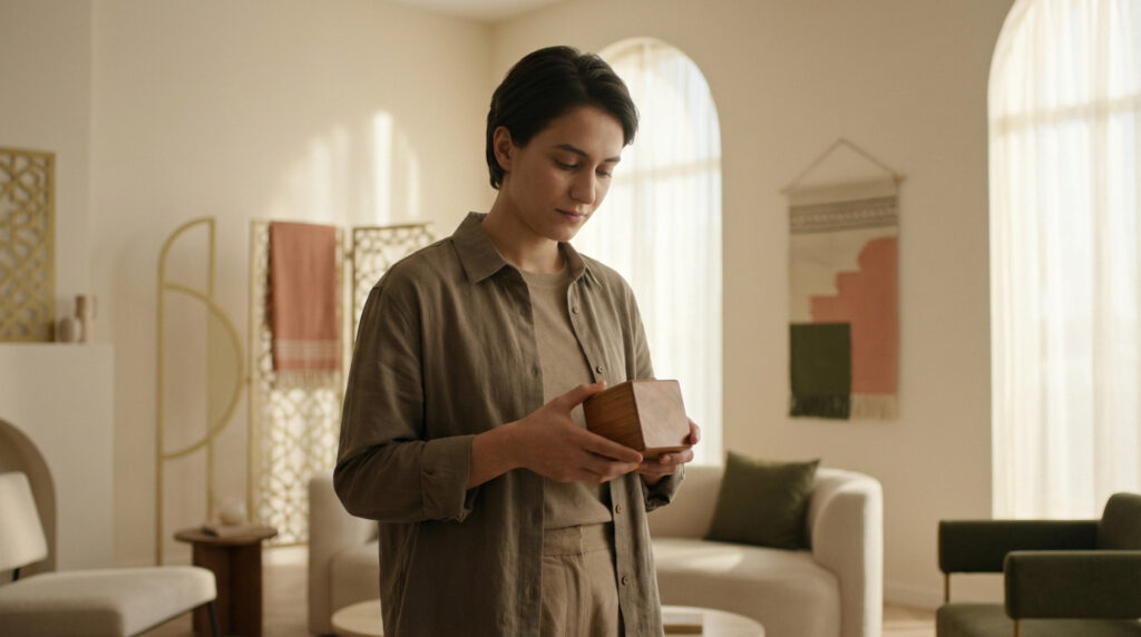 Une personne tient pensivement une boîte en bois dans un salon moderne aux accents méditerranéens, symbolisant un choix important.