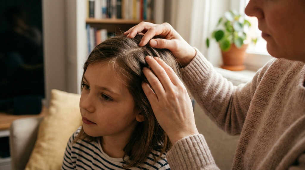 Une personne examine attentivement le cuir chevelu d'une petite fille aux cheveux bruns pour détecter des pellicules.