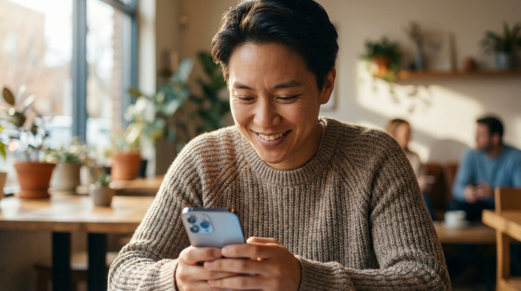 Un homme asiatique souriant, portant un pull, regarde son smartphone dans un café lumineux.