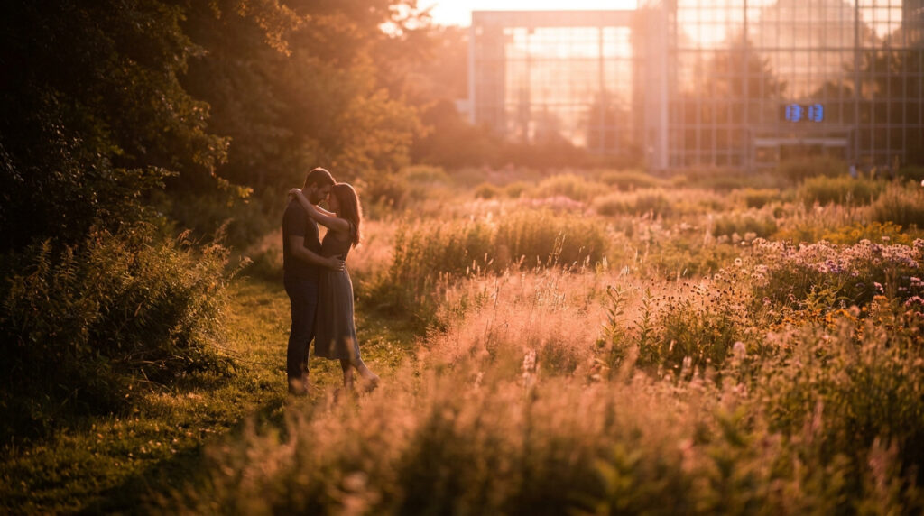 Couple s'étreignant tendrement dans un champ fleuri au coucher du soleil, avec un bâtiment moderne affichant 13h13 en arrière-plan.