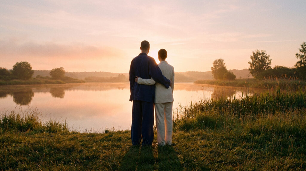Couple de dos au bord d'un lac, l'un en bleu foncé, l'autre en clair, bras enlacés, regardant un lever de soleil rose orangé.