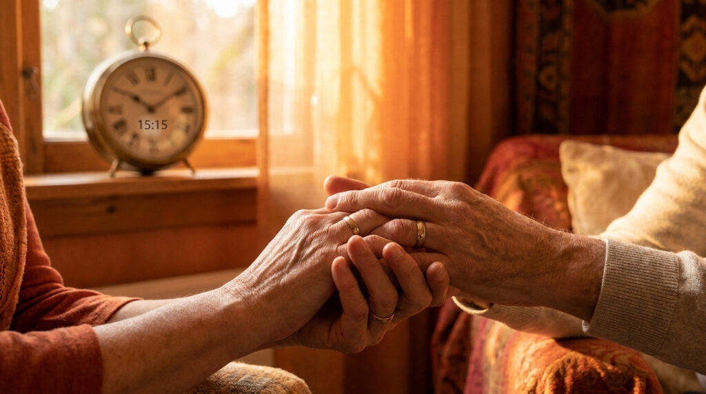 Gros plan sur les mains ridées d'un couple âgé, portant des alliances, se tenant. Une horloge affiche 15h15 en arrière-plan.