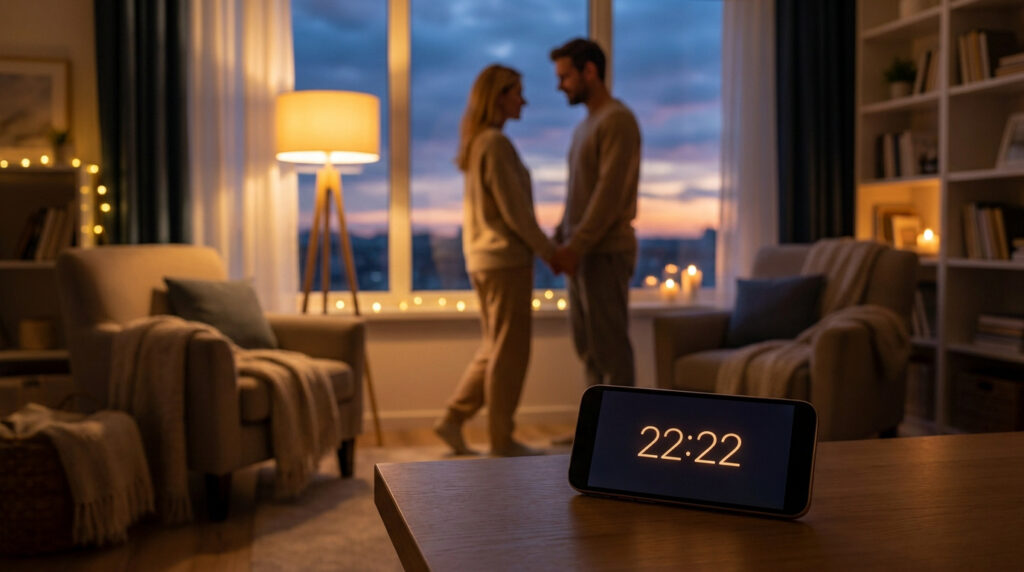 Un téléphone affiche 22h22, avec un couple tenant la main, se regardant, devant une fenêtre au coucher du soleil dans une pièce romantique et cosy.