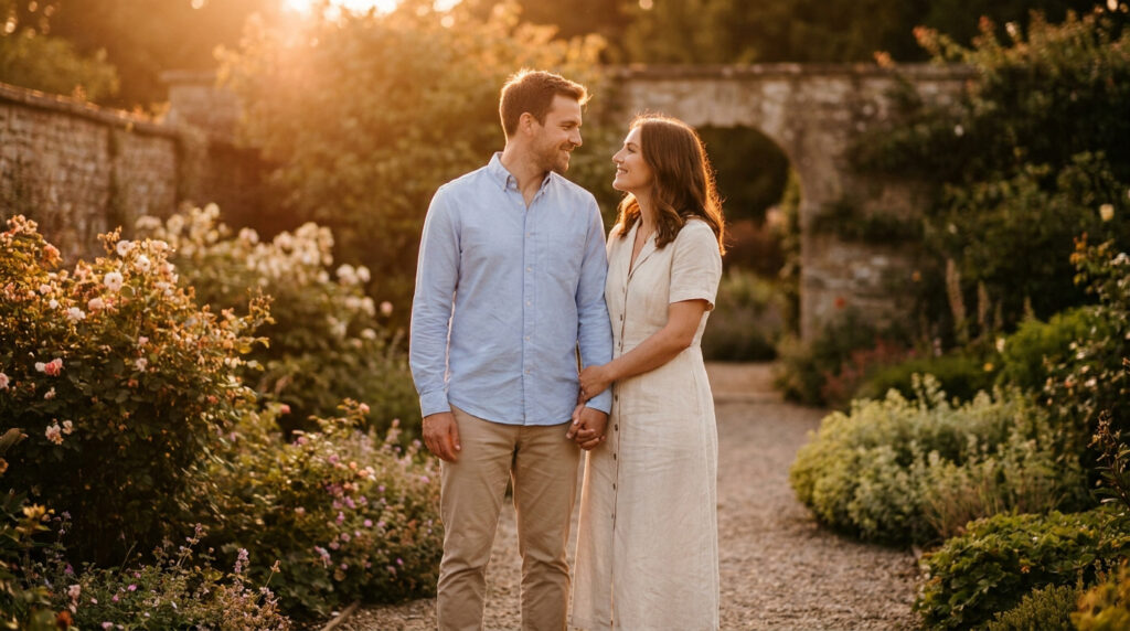Un couple souriant se tient la main, se regardant avec tendresse dans un jardin verdoyant. Lumière dorée du soleil couchant.