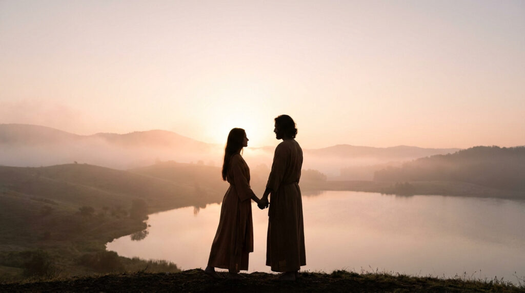 Silhouettes d'un homme et une femme se tenant la main, face à face, sur une colline surplombant un lac brumeux au lever du soleil.