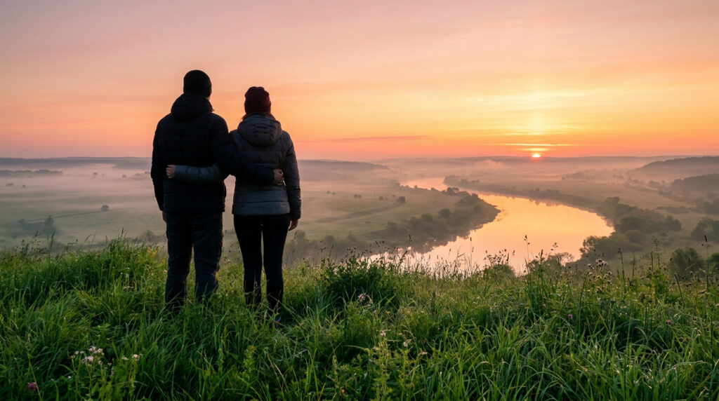 Un couple de dos admire un lever de soleil orange sur une vallée brumeuse et une rivière sinueuse.