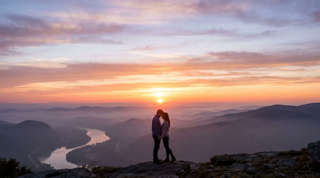 Photo d'un couple enlacé sur une montagne au coucher du soleil. Un paysage brumeux avec rivière serpente en contrebas.