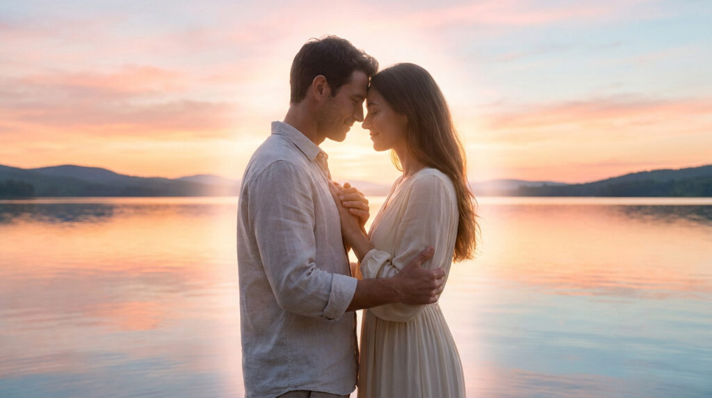 Couple se tenant les mains, fronts contre fronts, au bord d'un lac calme, sous un ciel de coucher de soleil rose et orange.