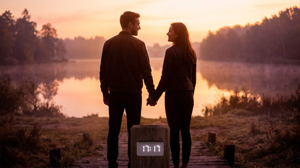 Couple se tenant la main, souriant, au bord d'un lac au coucher du soleil. Entre eux, une horloge affiche 17:17 sur un bloc.