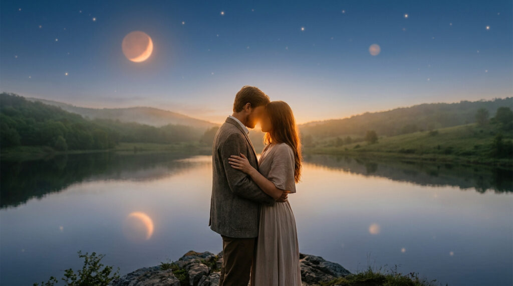 Un couple s'embrasse tendrement au bord d'un lac au crépuscule. La lune et les étoiles scintillent dans le ciel, se reflétant dans l'eau.
