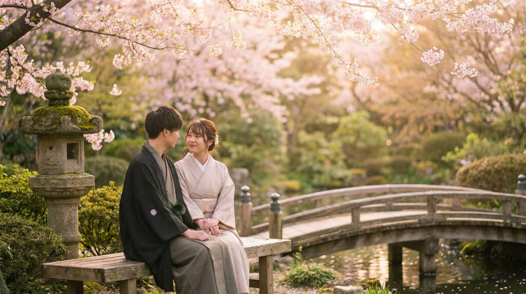 Un couple japonais en kimono s'échange des regards tendres et se tient la main, sous les cerisiers en fleurs d'un jardin traditionnel.