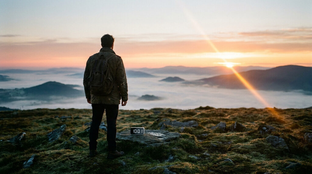 Un homme de dos, sac à dos, observe un lever de soleil sur des montagnes dans le brouillard. Un réveil numérique affiche 10h01.