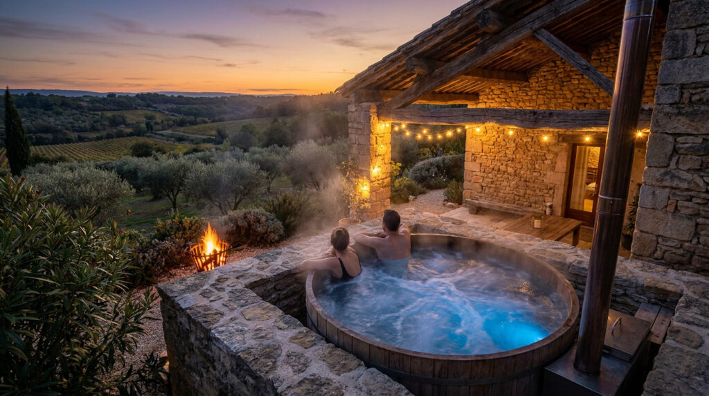 Couple se détendant dans un bain à remous en bois extérieur au coucher du soleil, avec vue sur des vignobles et une maison en pierre illuminée.