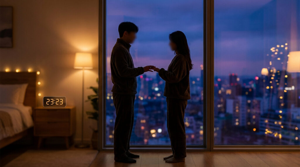 Silhouette d'un couple se tenant les mains devant une fenêtre, horloge numérique affichant 23h23 dans une chambre intime.