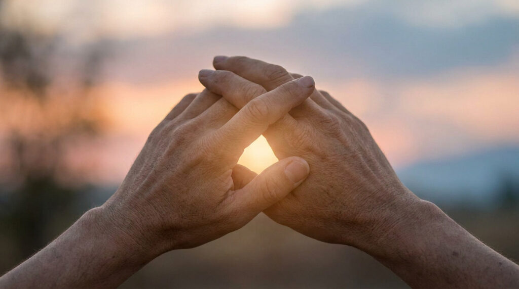 Deux mains entrelacées forment un losange lumineux, le soleil couchant brille à travers, sur fond de ciel orangé et bleu.