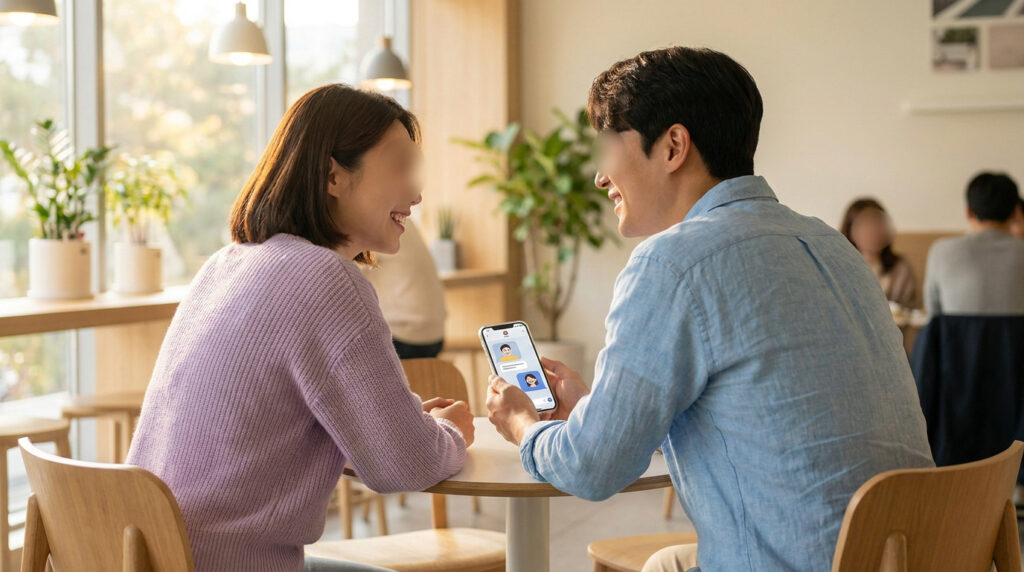 Deux personnes souriantes partagent un moment en regardant une application de rencontre sur un smartphone dans un café lumineux.