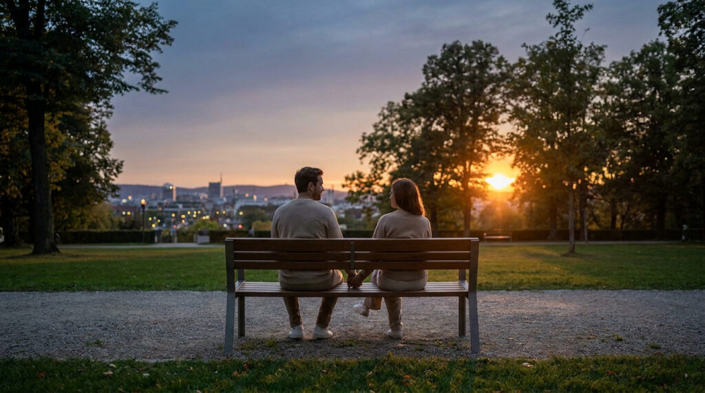 Couple assis de dos sur un banc de parc, se tenant la main, face à un coucher de soleil vibrant sur une ville.