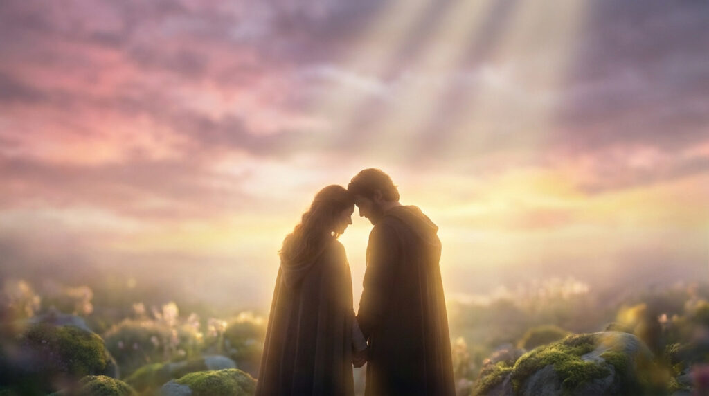 Silhouette d'un couple enlacé se touchant le front, mains jointes, sous un ciel aux teintes roses et or traversé de rayons lumineux.