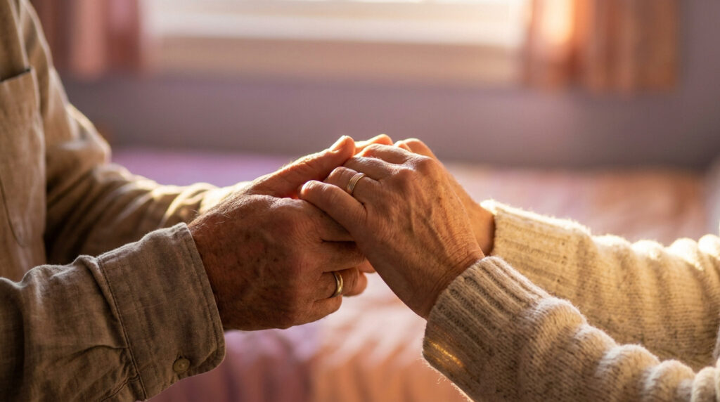 Deux mains ridées de personnes âgées, portant des bagues de mariage, s'entrelacent tendrement, symbolisant l'amour et le soutien.