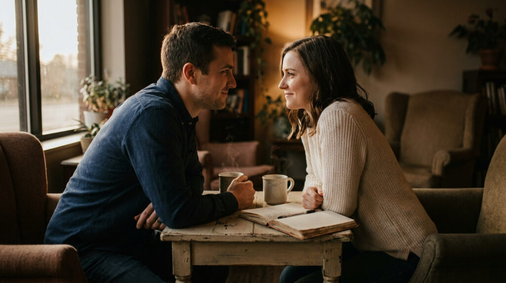 Un couple souriant se regarde intensément, assis à une table avec des tasses de café fumantes et un carnet ouvert. Ambiance intime et chaleureuse.