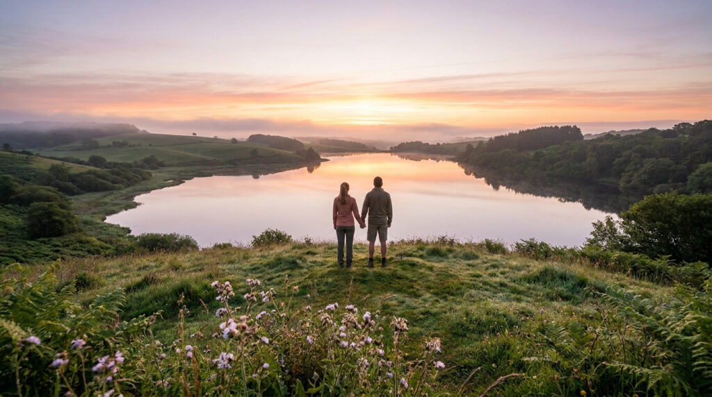 Un couple se tenant la main regarde un lever de soleil rose-orangé sur un lac paisible, entouré de collines verdoyantes.