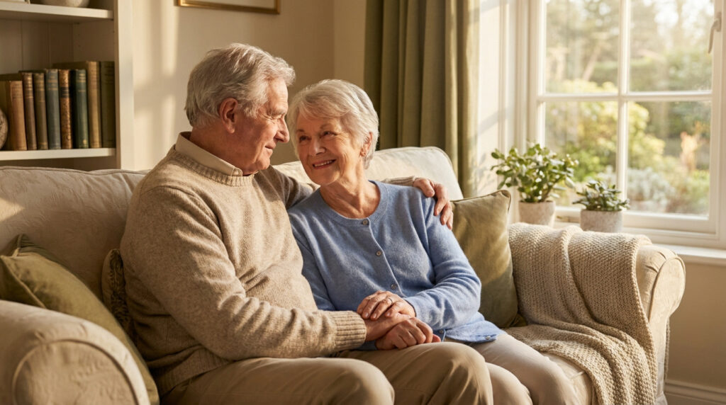 Couple âgé souriant assis sur un canapé, l'homme passe son bras autour de la femme et ils se tiennent la main, éclairés par une lumière chaude.