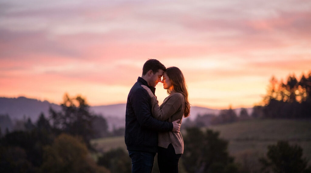 Un couple s'étreint tendrement au coucher du soleil, leurs fronts se touchant. Le ciel est teinté de rose, orange et violet.